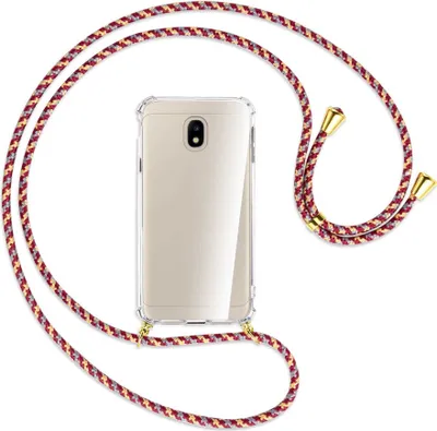 Produktbild von Handykette Backcover-Schutzhülle mit Band (Metall goldfarben) für Samsung Galaxy J3 2017 - weinrot/gelb/grau