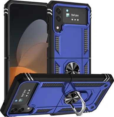 Image de Étui pour Samsung Galaxy Z Flip 4 5G étui de protection militaire double couche avec support d'anneau et support bleu