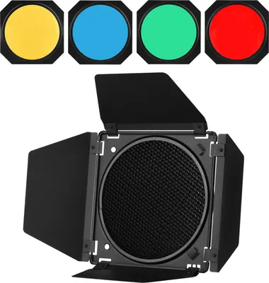 Image de Andoer Photography Light Barn Door Barndoor Kit avec grille en nid d'abeille 4pcs filtres couleur (rouge/jaune/bleu/vert) pour réflecteur standard 7 pouces Strudio Portrait Photographie de produit