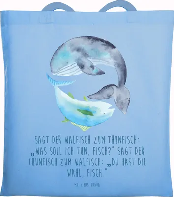Produktbild von Mr. & Mrs. Panda Tote Bag Walfisch Thunfisch - Sky Blue - Geschenk, Spruch Des Tages, Witz, Schultasche, Tasche, Unitasche, Lustig, Wal, Tunfisch, Wahl, Laptoptasche