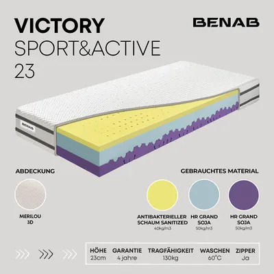 Produktbild von Kaltschaummatratze Benab Victory Sport&Active 23 Matratze 75 x 195 cm H3 / H4 hart 23 cm hohe Kaltschaummatratzen, Merilou, Antibakteriell, HR, HR Grand Soja, Profilierung, 7 Zonen, Partnermatratze