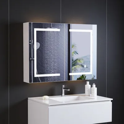 Produktbild von INONEFT Spiegelschrank Bad mit LED Beleuchtung, Badezimmer Spiegelschrank 80 cm breit mit verstellbaren Regalebenen, 2 Türen, Hängeschrank, Weiß