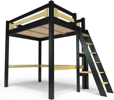 Produktbild von Hochbett 160x200 aus Holz + verstellbare Leiter Alpage - Schwarz/Honig
