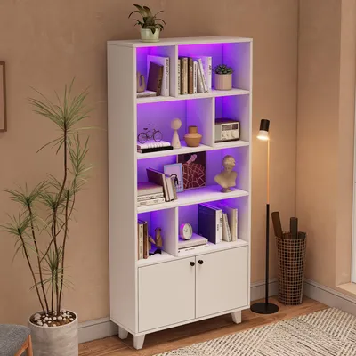 Image de OKWISH Bibliothèque avec 4 Étagères et 2 Portes - Télécommande LED - Bois de Pin MDF - 80x30x173 cm - Blanc