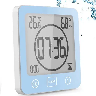 Obrázek produktu pro Digitální časovač sprchy s vlhkoměrem a teploměrem, modrý, s LCD displejem a budíkem, do kuchyně a koupelny.