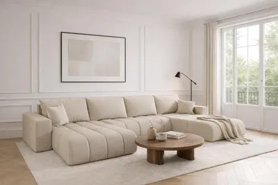 Image de Canapé d'angle avec fonction sommeil et coffre de lit MILO U PREMIUM, tissu WIND, beige