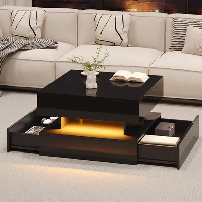 Produktbild von Couchtisch mit LED-Lichtleiste und 2 Schubladen Beistelltisch Wohnzimmertisch 65x65x38.5cm Schwarz