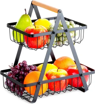 Immagine prodotto di Cestino a due piani per frutta e verdura, piastra metallica nera, cestino