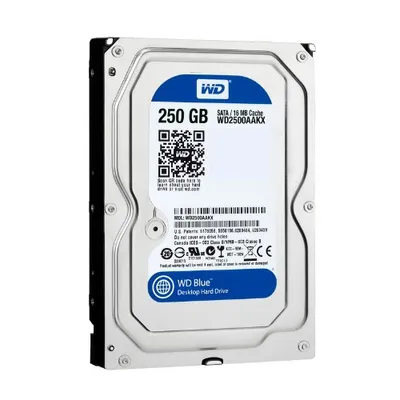 A Western Digital Blue 250GB desktop hard drive is shown against a white background.