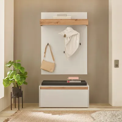 Produktbild von Garderoben Schuhbank mit Paneel in weiß mit Eiche CRISP-61, modern