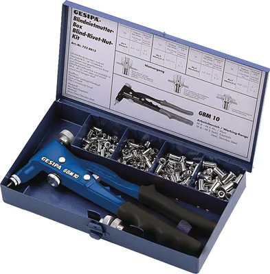 A tool kit for blind rivet nuts, including a rivet gun and various sizes of blind rivet nuts, laid out in a blue metal case.