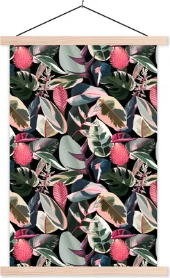Produktbild von MuchoWow® Textilposter Tropisch - Rosa - Blätter 40x60 cm mit holzfarbenen Rahmen - Poster
