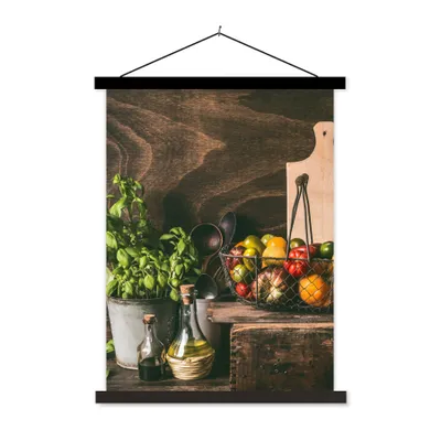 Produktbild von MuchoWow® Textilposter Gemüse - Kräuter - Rustikal - Stilleben - Basilikum 60x80 cm mit schwarzem Rahmen - Plakathalter