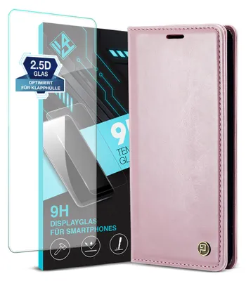 Produktbild von Handyhülle für Samsung Galaxy A36 5G mit 9H Displayglas Kunstleder Klapphülle Vintage Cover Hülle RFID Schutz Case Kartenfach Farbe: Rosa