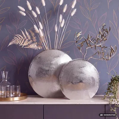 Produktbild von FineBuy Deko Vase 2er Set Aluminium Silber Blumenvase Modern Dekovase Rund 2-teilig für Blumen Alu Tischvase Wohndeko Metall Tischdeko Handgefertigt, KI-generiertes Bild