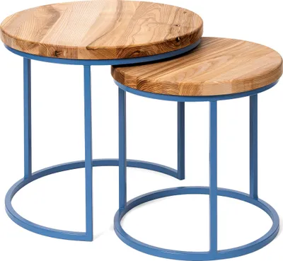Immagine prodotto di LAMO Manufaktur Tavolini da salotto moderni sovrapponibili in legno - set di 2 pezzi - Tavolino rotondo da salotto, tavolino laterale da divano - Tavolini piccoli - Colore: noce-marrone, gambe: blu