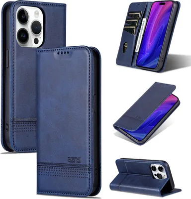 Produktbild von Leder Hülle für iPhone 16 Pro Max, Klapphüllen Brieftasche Magnetverschluss Ständer Schutzhülle Blau