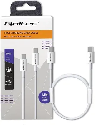Obrázek produktu pro Qoltec USB 2.0 typ C | USB 2.0 typ C 60W | QC 3.0 | PD | 1,5 m | Bílá