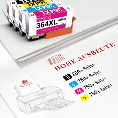 Printer ink cartridges and a stack of paper with marketing text and a printer illustration.
