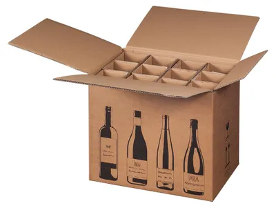 An open cardboard box designed for shipping wine bottles, with internal dividers and illustrations of wine bottles on the exterior.