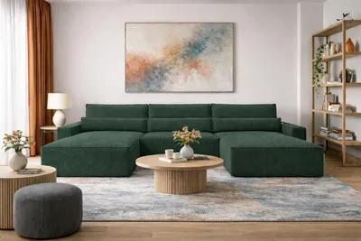 Produktbild von MOEBLO Wohnlandschaft DENVER U – Eckcouch aus Cordstoff Ecksofa U-Form Cord Sofa Couch Polsterecke U-Sofa mit Bettkasten und Schlaffunktion (BxHxT): 410x85x200 cmDenver U - Poso 14 Dunkelgrün
