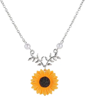 Produktbild von Halskette mit Anhänger, Sonnenblume, elegante Legierung, gefälschte Perlenblatt-Kette, Halskette für Dating-Silber