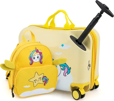 Produktbild von DREAMADE 2-teiliges Kindergepäck-Set zum Aufsitzen, tragbarer Reisekoffer & Rucksack mit Sicherheitsseil, einziehbarem Griff, ab 3 Jahre