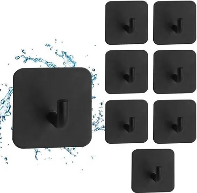 Produktbild von Unyqoos® 8er-Set selbstklebende Haken – matt schwarz, Edelstahl, bis 5 kg Tragkraft, rückstandsfrei entfernbar, ohne Bohren, für Handtücher & Jacken