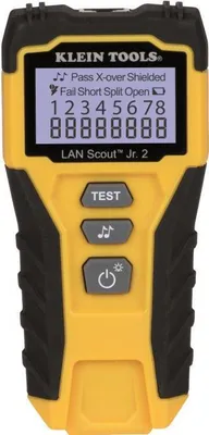 A yellow and black Klein Tools LAN Scout Jr. 2 cable tester is shown against a white background.
