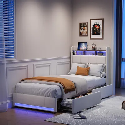 Image de Lit Capitonné 90x200 Sommier LED et 2 USB, Type-C, Lit 2 Personnes avec 2 Tiroirs, Rangement, Lin, Beige