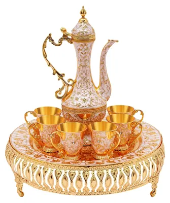 Produktbild von Set aus goldener türkischer Kaffeetasse und Teekanne, Teeservice mit 6 eleganten Kaffeetassen und Teetablett für Teepartys oder als Geschenk