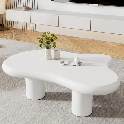 Produktbild von Couchtisch 97 x 67 x 32 cm, 100% MDF, Weiß, wolkenförmiger Couchtisch mit lackierter Oberfläche und Filzunterlagen