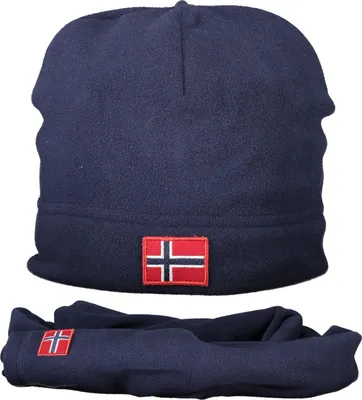 Produktbild von Blaues Herren-Set aus Fleece: Mütze und Schal mit Applikation