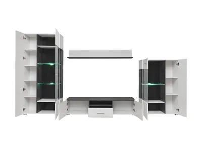 Produktbild von Moderne Wohnwand SOLIDO , Wohnzimmermöbel-Set , ( SCHWARZER KIEFER / HOCHGLANZ WEISS )