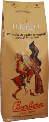 A bag of coffee beans with a cartoonish illustration of a figure.