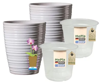 Produktbild von MePla - 2 Stück - Orchideenkübel Bergamo ø 13 Zartgrau + Pflanztopf Orchidee ø 12