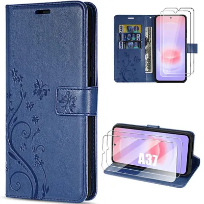 Image de Coque + 2 Verres Trempés pour Samsung Galaxy A37 5G, Protection Antichoc CuirPolyuréthaneBleu Foncé Motif Fleur
