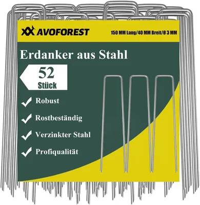 Produktbild von Erdnägel 150 x 40 x 3 mm, 110 Stück, verzinkter Stahl, für Unkrautvlies, mit Handschuhen