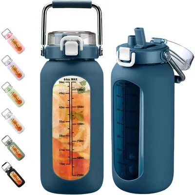 Produktbild von Glaswasserflasche 2000ml mit Edelstahlgriff und Zeitmarkierung