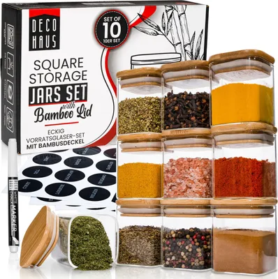 Produktbild von Deco haus Gewürzgläser Eckig mit Gewürzetiketten 10er Set - Gewürzdosen Set mit Holzdeckel Vorratsgläser Set für Deine Gewürze Aufbewahrung Gewürzbehälter behälter für gewürze - Spice jars