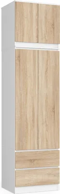 Produktbild von Kleiderschrank AKORD S60 mit Aufsatz Weiß 60 cm 2 Türen 2 Schubladen 3 Ebenen Front Sonoma-Eiche B60 x H234 x T51 cm