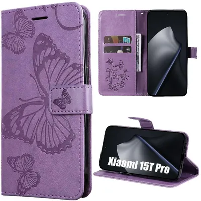 Image de Coque pour Xiaomi 15T Pro, Cuir Synthétique Antichoc Anti-Rayures Motif Papillon Violet