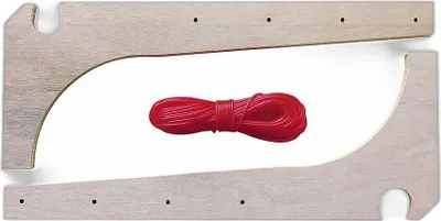 Two wooden brackets and a coil of red rope are laid out on a white background.