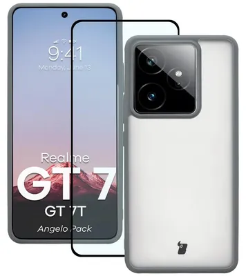 Produktbild von Schutzhülle + gehärtetem Glas für Realme GT 7 / 7T, Bizon Angelo Pack, Semitransparent mit grauem Rahmen