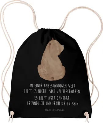 Produktbild von Mr. & Mrs. Panda Turnbeutel Bär Schulterblick - Schwarz - Geschenk, Motivation, Kleiner Rucksack, Sportbeutel, wander, Bären, Baumwolltasche, Selbstachtung, Weisheit