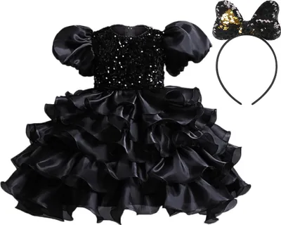Produktbild von Puffärmel Kinderkleid Mädchen Geburtstag Blume Pailletten Tanzshow Prinzessin Kleid mit Stirnband Schwarz-100CM