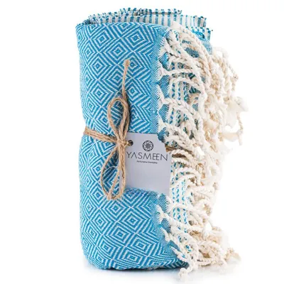 Produktbild von Pestemal Hamamtuch 96 x 180 cm – 100% Baumwolle – 415 g/m² – Saunatuch – Strandtuch – Badetuch - schnelltrocknend und leicht (Blau, 96x180 cm)