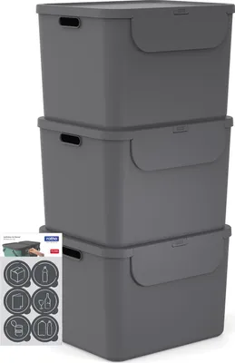 Produktbild von Rotho 3er-Set Mülltrennsystem je 55L Albula – Mülleimer mit Frontklappe – Abfalleimer 40,0 x 48,9 x 34,0 cm – Müllbehälter mit Deckel und Griffen – inkl. Aufkleber