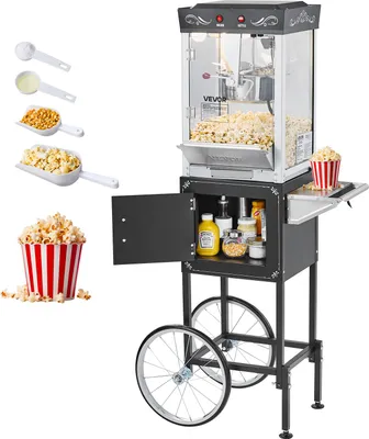 Obrázek produktu pro Popcornovač VEVOR Popcornovač s konvicí a vozíkem, komerční popcornovač s příkonem 800 W, 48 šálků na jednu náplň, ovládání 2 tlačítky, skleněná stěna, dvířka PC, 1 porcovač, 3 lžíce, černý