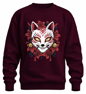 Immagine prodotto di Maschera Kitsune, Giappone, volpe, gigli, stile Y2K, felpa con cappuccio per cosplay giapponese, colore bordeaux, taglia 3XL
